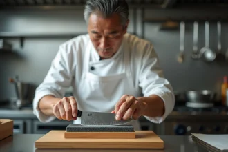 Chef japonais affûtant un couteau santoku sur une pierre à aiguiser humide dans une cuisine professionnelle