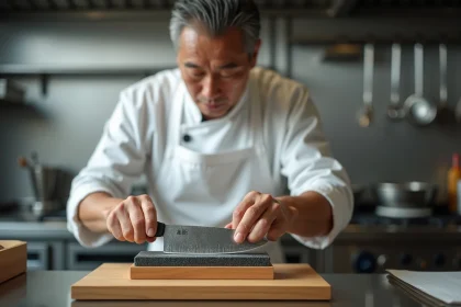 Chef japonais affûtant un couteau santoku sur une pierre à aiguiser humide dans une cuisine professionnelle