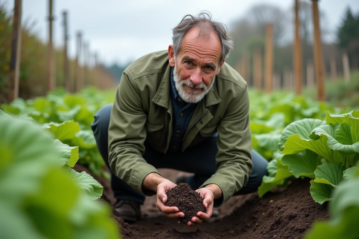 Agriculteur bio examinant un compost riche dans un jardin maraîcher, symbolisant les pratiques agricoles durables