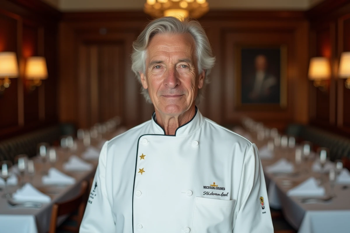 Chef cuisinier français Alain Ducasse en veste blanche étoilée dans la salle d'un restaurant gastronomique élégant
