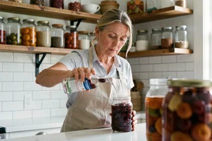 Femme versant de l'alcool 90° dans un bocal de cerises pour la conservation des fruits maison