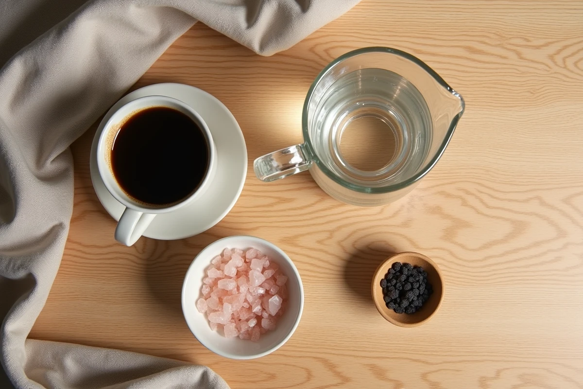 Flatlay d'aliments et boissons compatibles avec le jeûne intermittent : café noir, eau, sel
