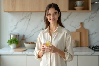 Femme tenant un verre d'eau citronnée dans une cuisine minimaliste pendant un jeûne intermittent