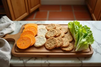 Alternatives au pain présentées sur une planche en bois : galettes de riz, tranches de patate douce et crackers complets