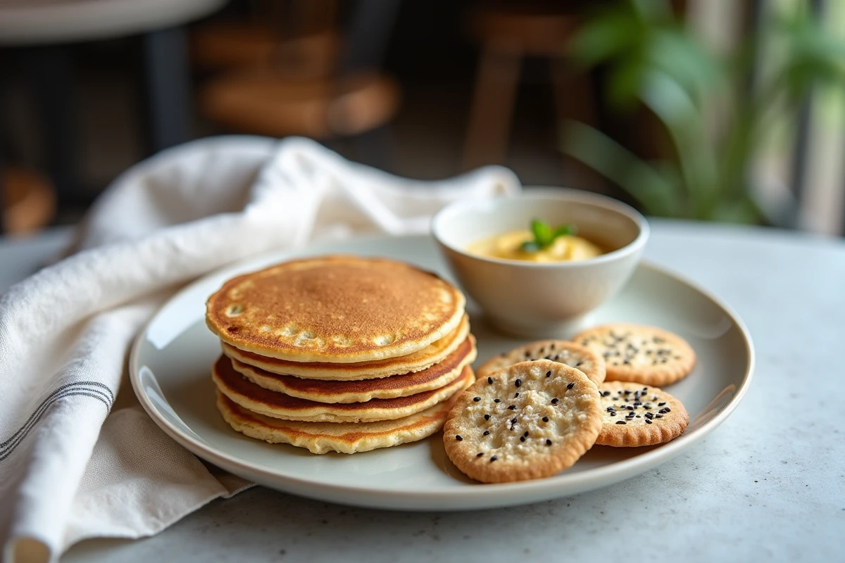 Assiette d'alternatives sans gluten au pain : pancakes à l'avoine, tortillas de maïs et crackers aux graines avec houmous