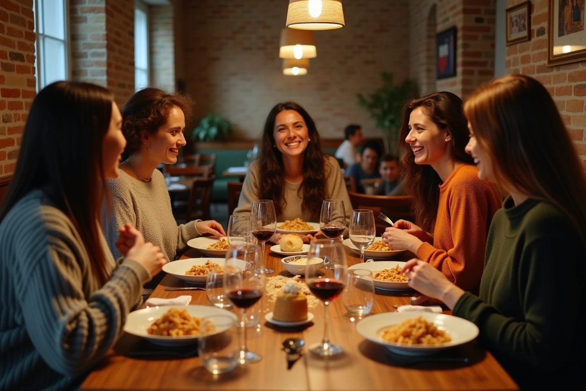 Groupe d'amis italiens attardés autour d'une longue table dans une trattoria romaine lors d'un dîner convivial