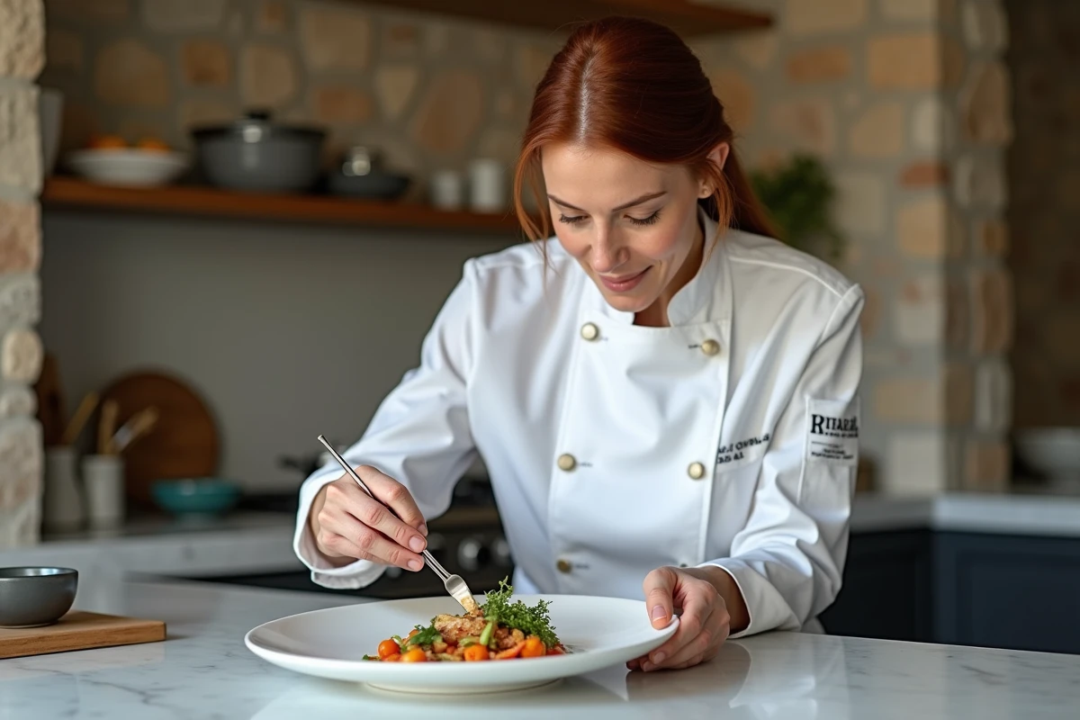 Cheffe Anne-Sophie Pic en cuisine à Valence, dressant un plat gastronomique avec précision sur fond de murs en pierre