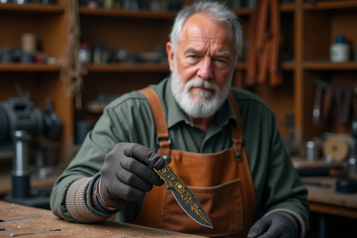 Artisan coutelier inspecant un couteau de luxe à lame polie dans son atelier