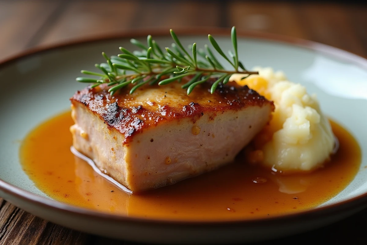 Assiette de crépinette de porc en sauce dorée avec purée et thym frais sur céramique artisanale