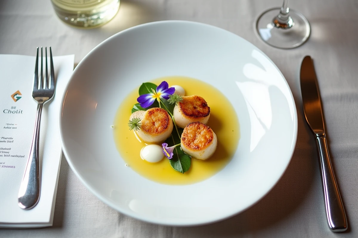 Assiette gastronomique raffinée d'un grand restaurant américain avec noix de Saint-Jacques et bisque