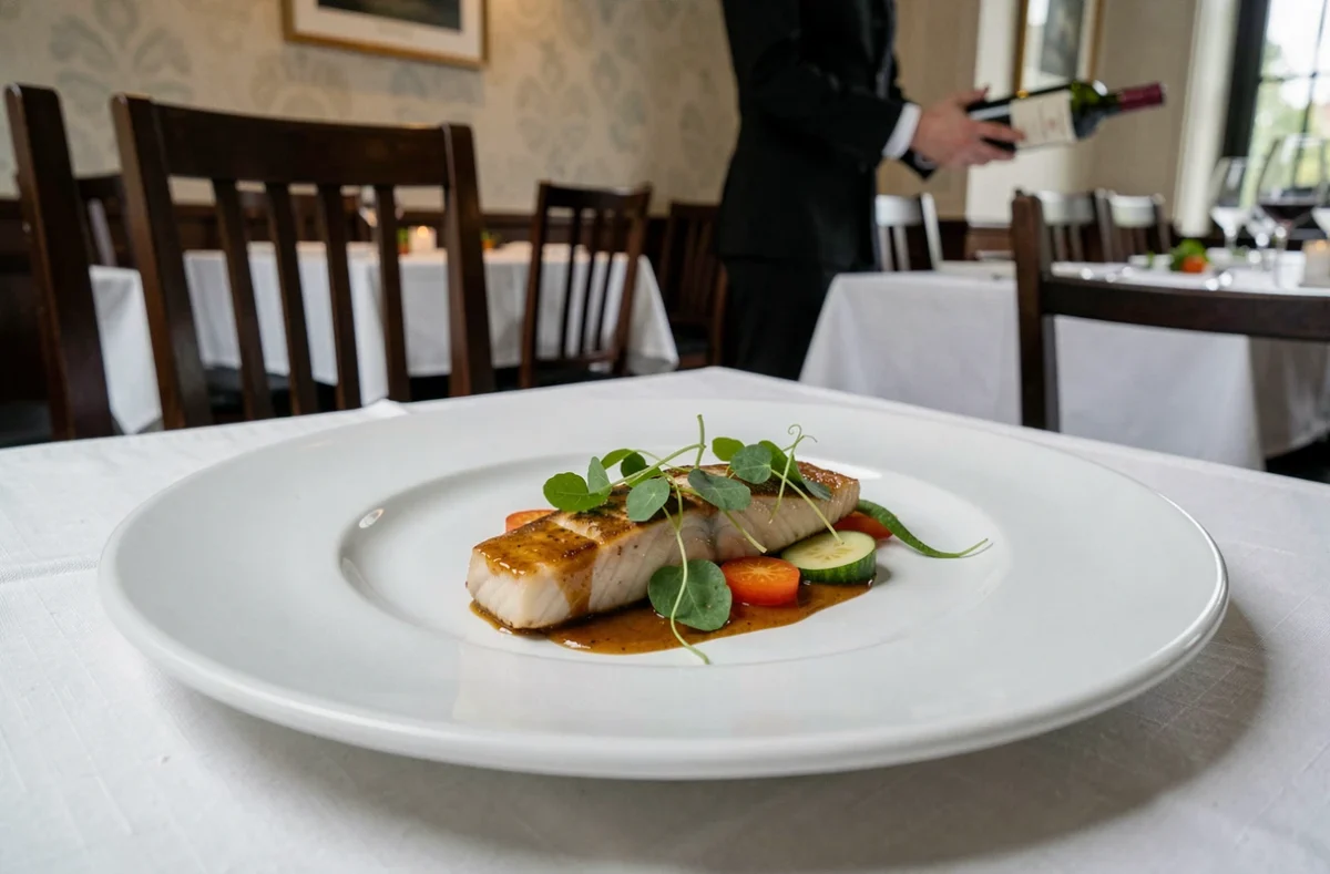 Assiette gastronomique soignée dans un restaurant étoilé à Lille, dressage raffiné de poisson avec herbes fraîches et sauce réduite sur porcelaine blanche