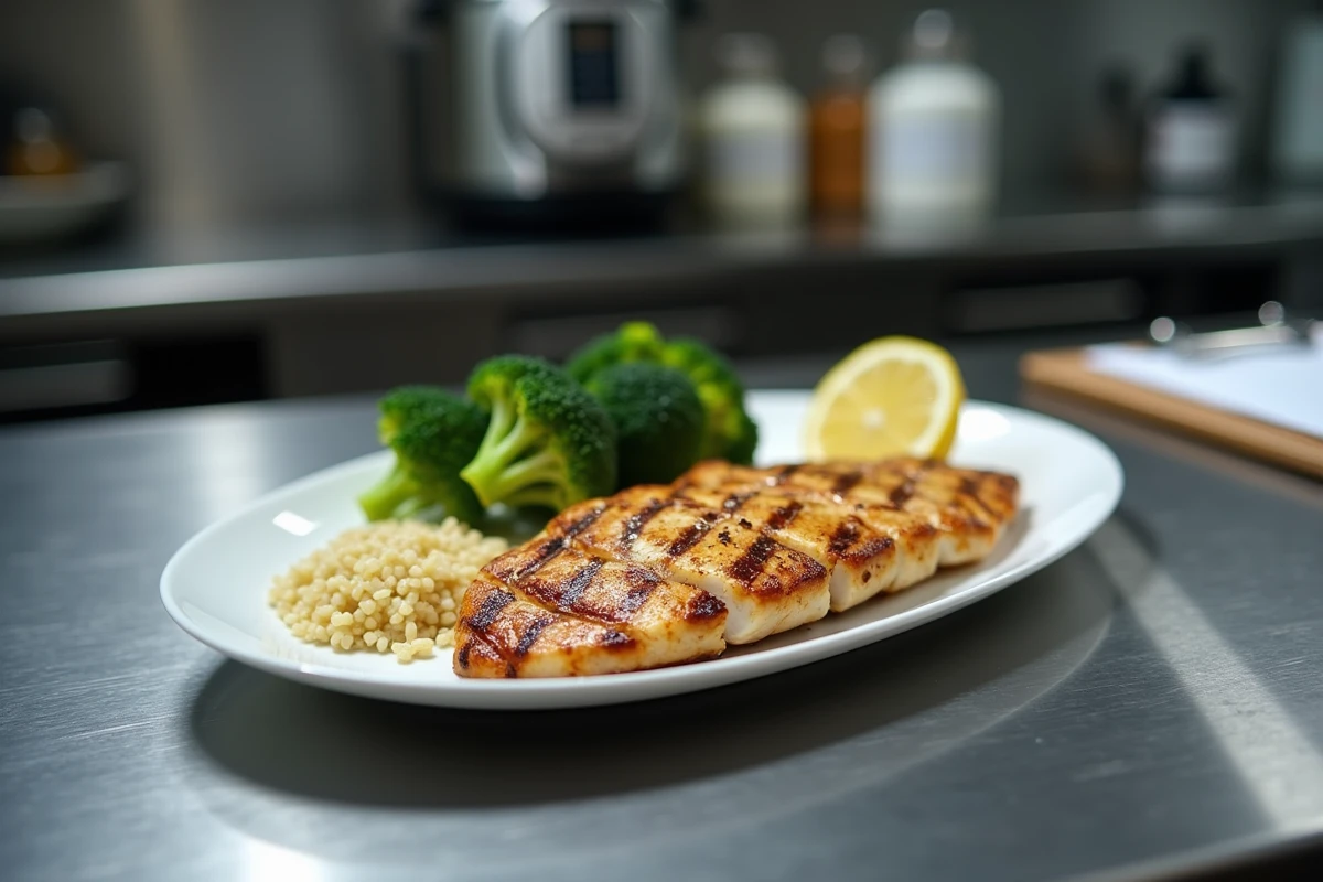 Assiette de poulet grillé préparée pour un athlète de tennis dans une cuisine de nutrition sportive professionnelle