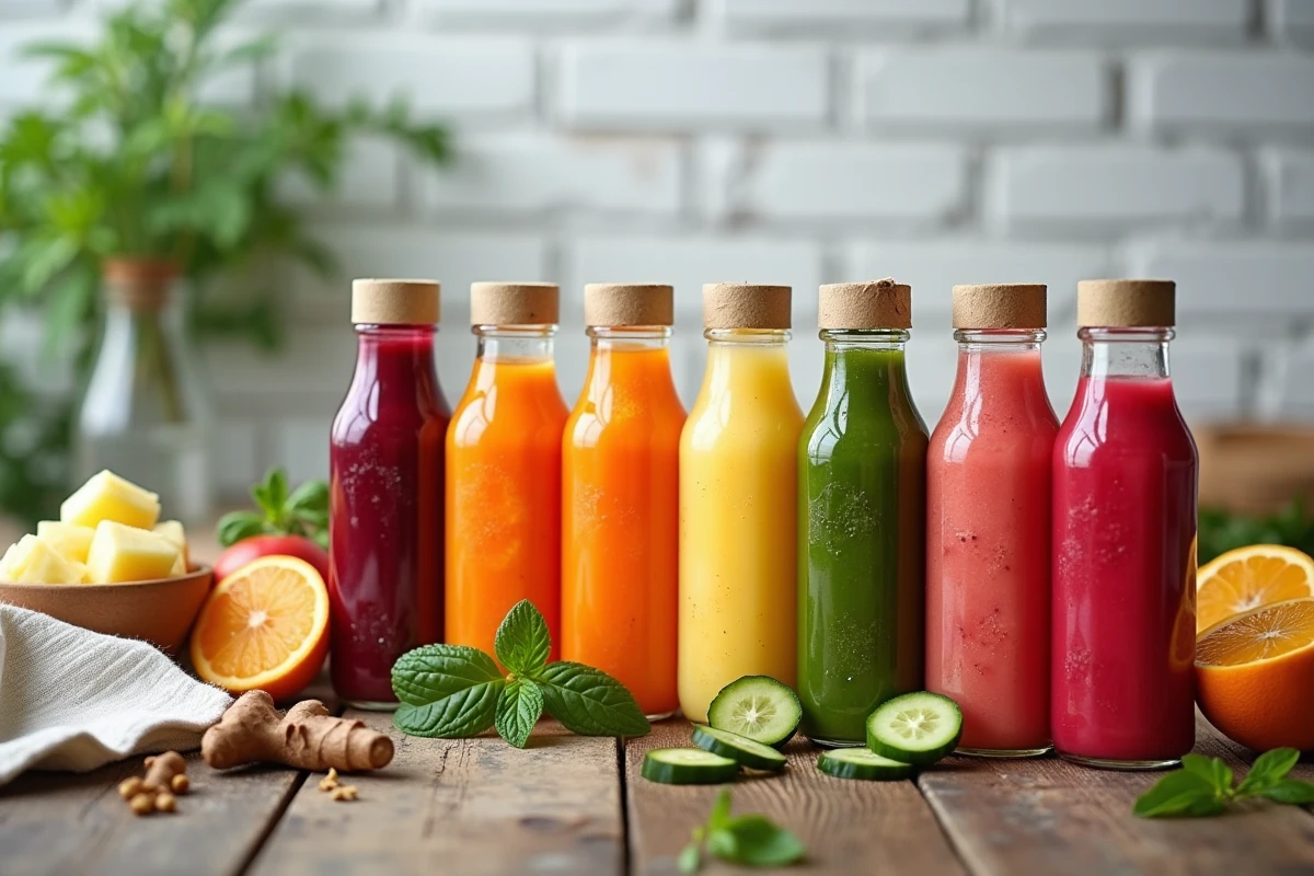 Assortiment de cinq jus détox colorés en bouteilles en verre alignées sur une table en bois rustique avec fruits et légumes frais
