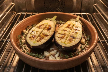 Aubergines coupées en deux et cuisinées au four à basse température dans un plat en céramique rustique avec thym et ail