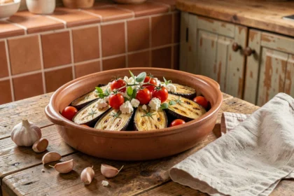 Plat d'aubergines rôties garnies de feta et d'herbes fraîches dans un plat en céramique rustique sur une table en bois