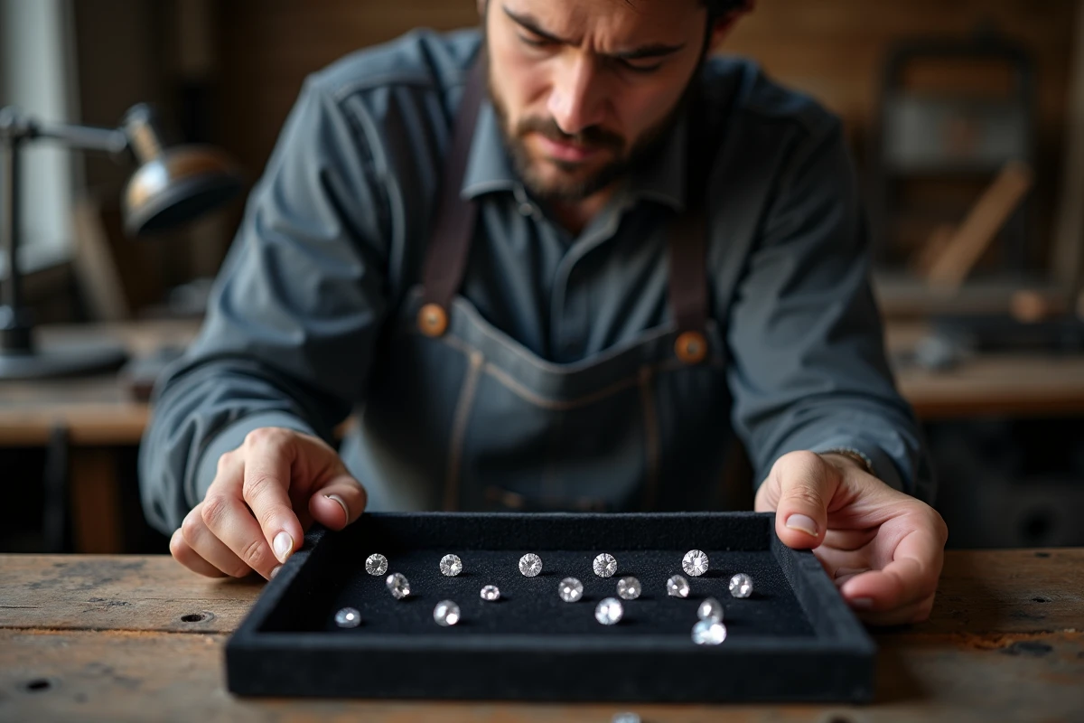 Bijoutier classant des diamants sur un plateau en velours selon les critères des 4C dans un atelier traditionnel