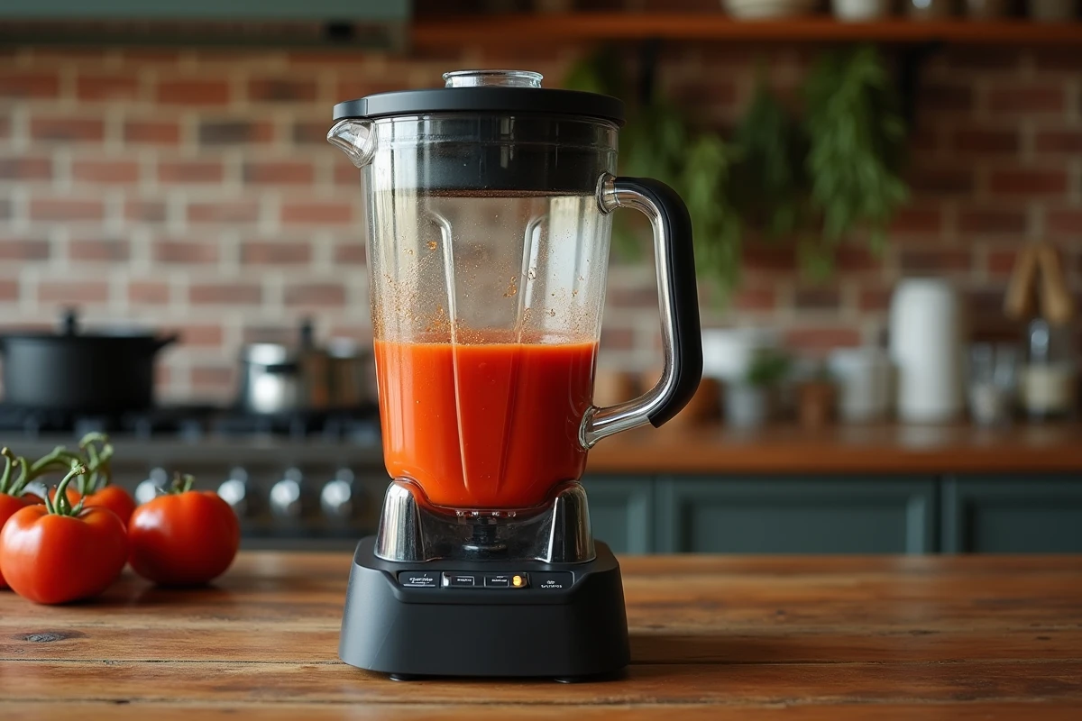 Mixeur blender rempli de soupe tomate poivron posé sur un plan de travail en bois rustique
