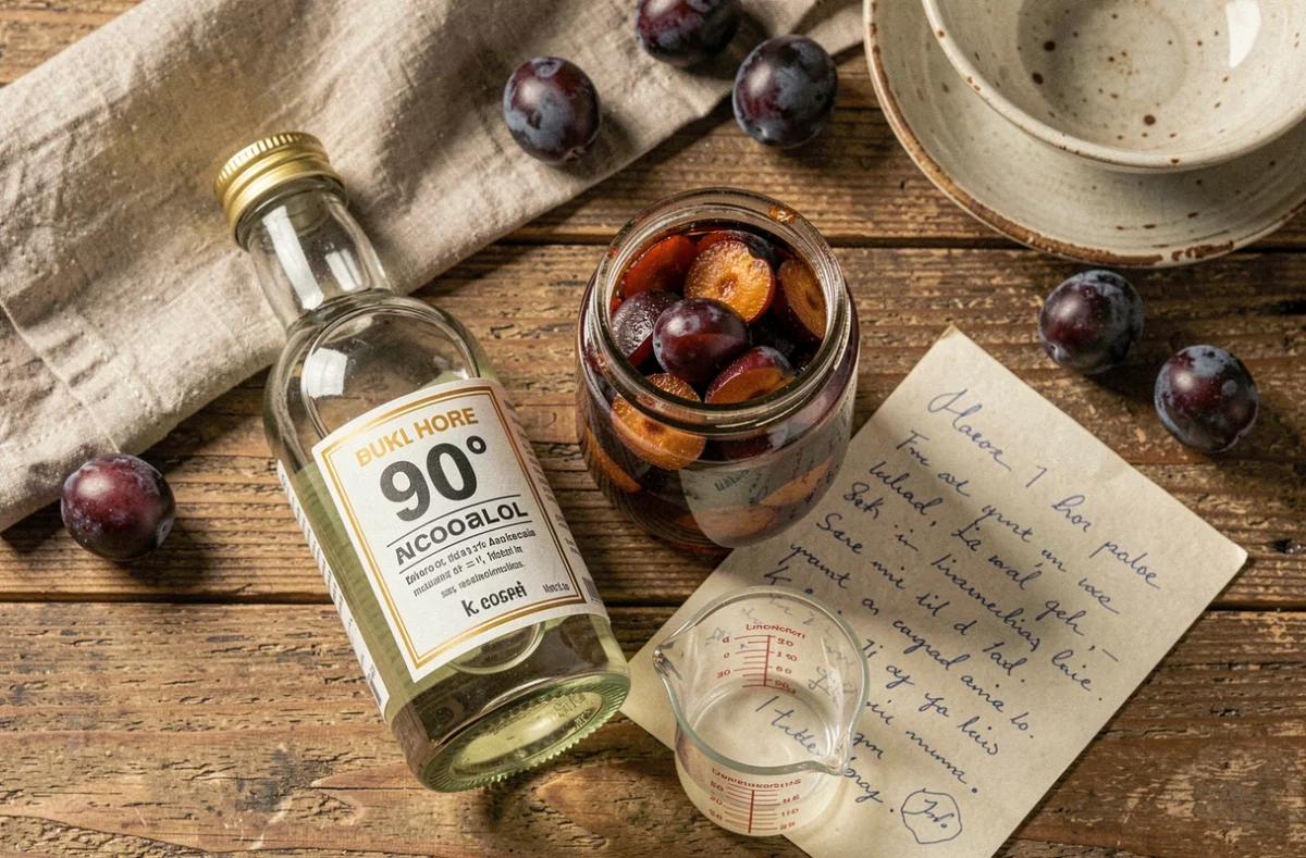 Bocal de prunes macérées avec une bouteille d'alcool 90° et une fiche de recette sur une table en bois