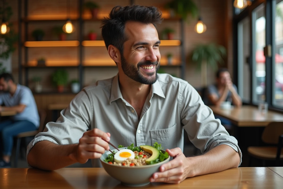 Homme dégustant un bol nutritif équilibré en remplacement d'un repas dans un café
