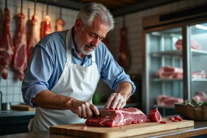 Boucher professionnel découpant un filet de bœuf tendre sur un billot en bois dans une boucherie artisanale