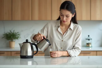 Femme versant de l'eau chaude d'une bouilloire en inox dans une tasse en verre sur un plan de travail en marbre