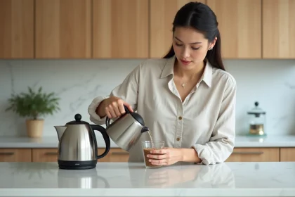 Femme versant de l'eau chaude d'une bouilloire en inox dans une tasse en verre sur un plan de travail en marbre