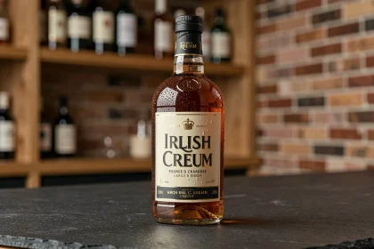 Bouteille authentique de liqueur irlandaise à la crème posée sur un comptoir en ardoise, montrant les détails du label et du sceau d'authenticité