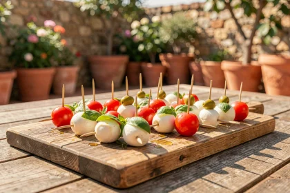 Brochettes apéro aux tomates cerises, mozzarella et olives sur une planche en bois rustique de terrasse estivale