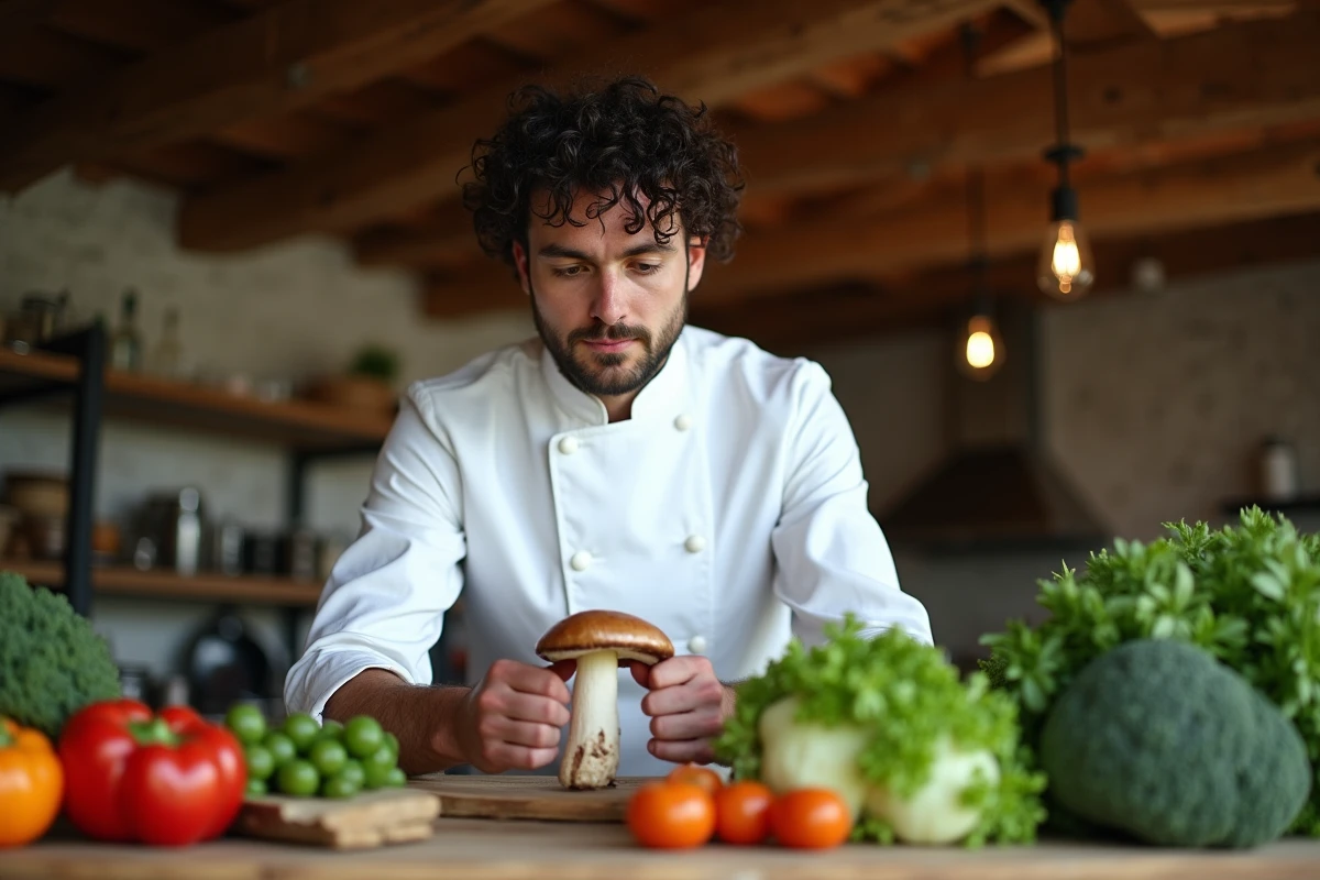Chef César Troisgros en veste blanche dans une cuisine rustique de restaurant de campagne française avec légumes locaux et champignons