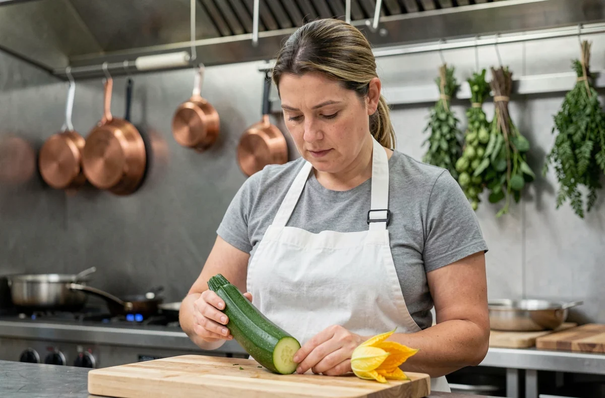 Cheffe cuisant des courgettes et fleurs de courgette dans une cuisine professionnelle