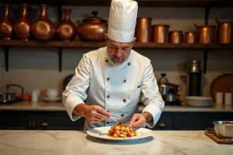 Chef en tenue classique française dressant une assiette gastronomique dans une cuisine historique aux ustensiles en cuivre, évoquant l'héritage culinaire d'Auguste Escoffier