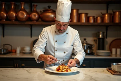 Chef en tenue classique française dressant une assiette gastronomique dans une cuisine historique aux ustensiles en cuivre, évoquant l'héritage culinaire d'Auguste Escoffier