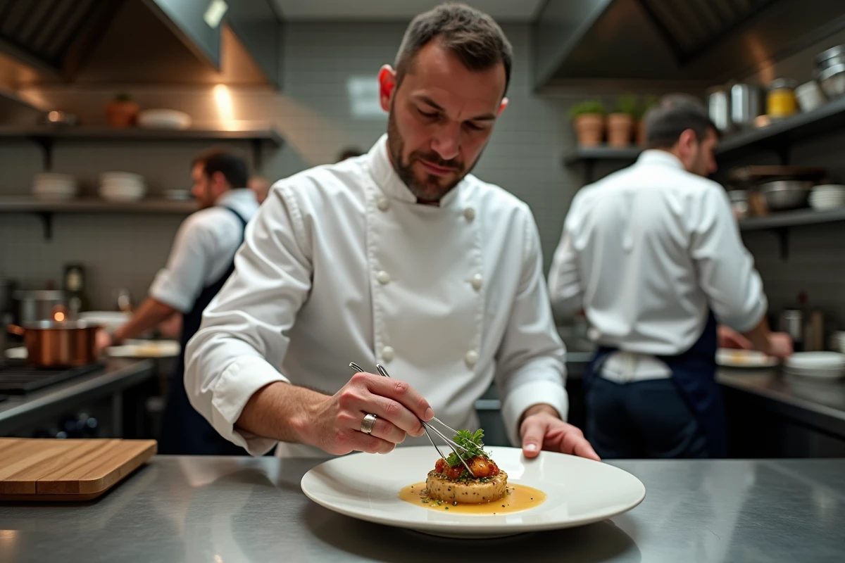 Chef cuisinier professionnel en cuisine gastronomique américaine réalisant un dressage d'assiette élaboré