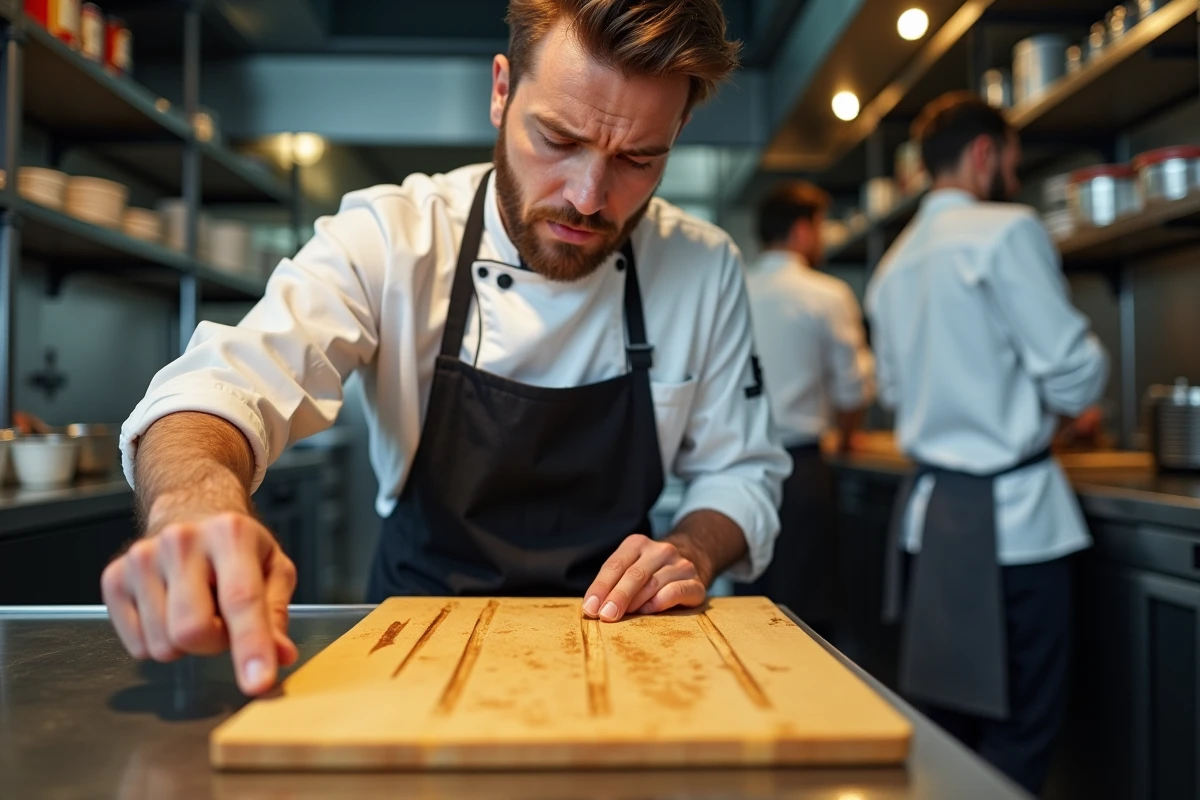 Chef cuisinier inspectant une planche à découper en plastique usée avec de profondes entailles, dans une cuisine de restaurant professionnelle