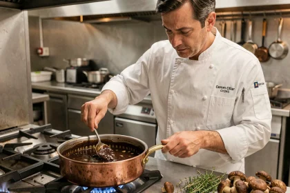 Chef professionnel préparant une sauce aux cèpes dans une casserole en cuivre dans une cuisine gastronomique