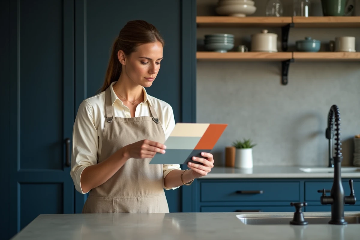 Femme comparant des échantillons de couleurs devant un meuble de cuisine bleu marine
