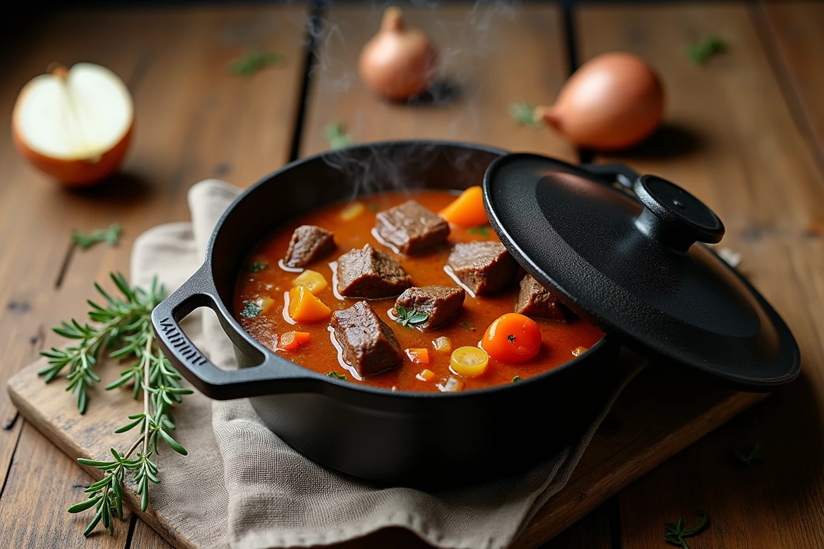 Cocotte en fonte avec un ragoût de bœuf aux légumes sur une table en bois rustique vue de dessus