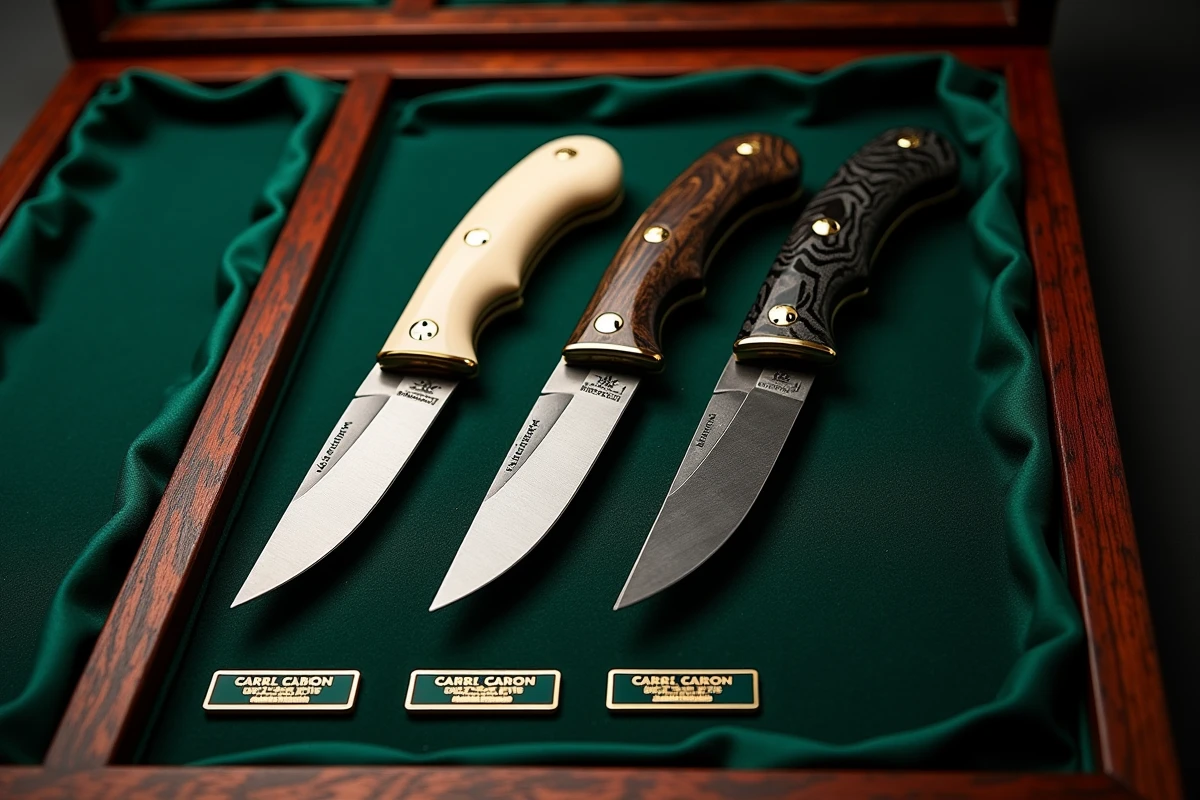 Collection de trois couteaux de collection haut de gamme exposés dans un écrin en bois et velours vert