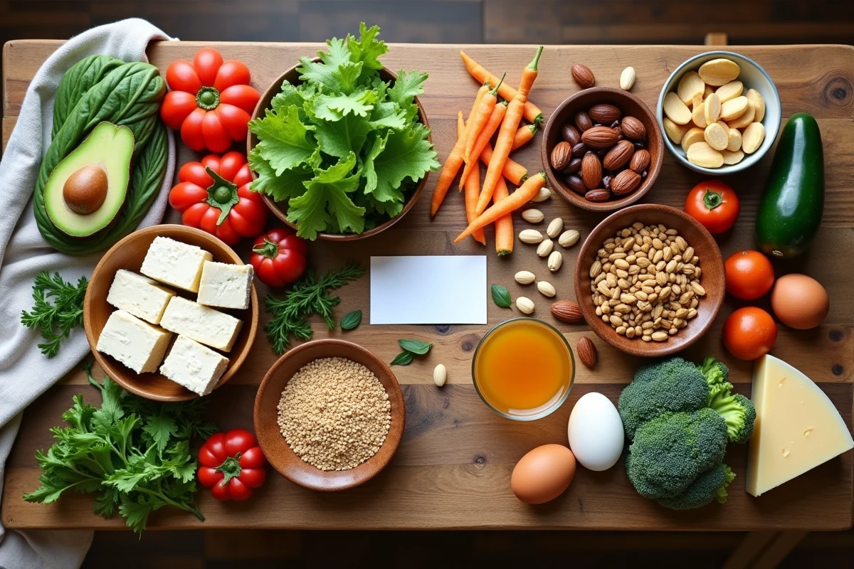 Comparaison visuelle entre aliments végétaliens et végétariens disposés sur une table en bois rustique avec légumes, tofu, œufs et fromage