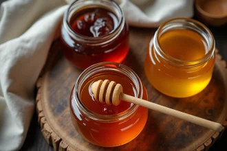 Trois variétés de miel dans des bocaux en verre sur une table en bois, comparaison des miels les plus riches en nutriments