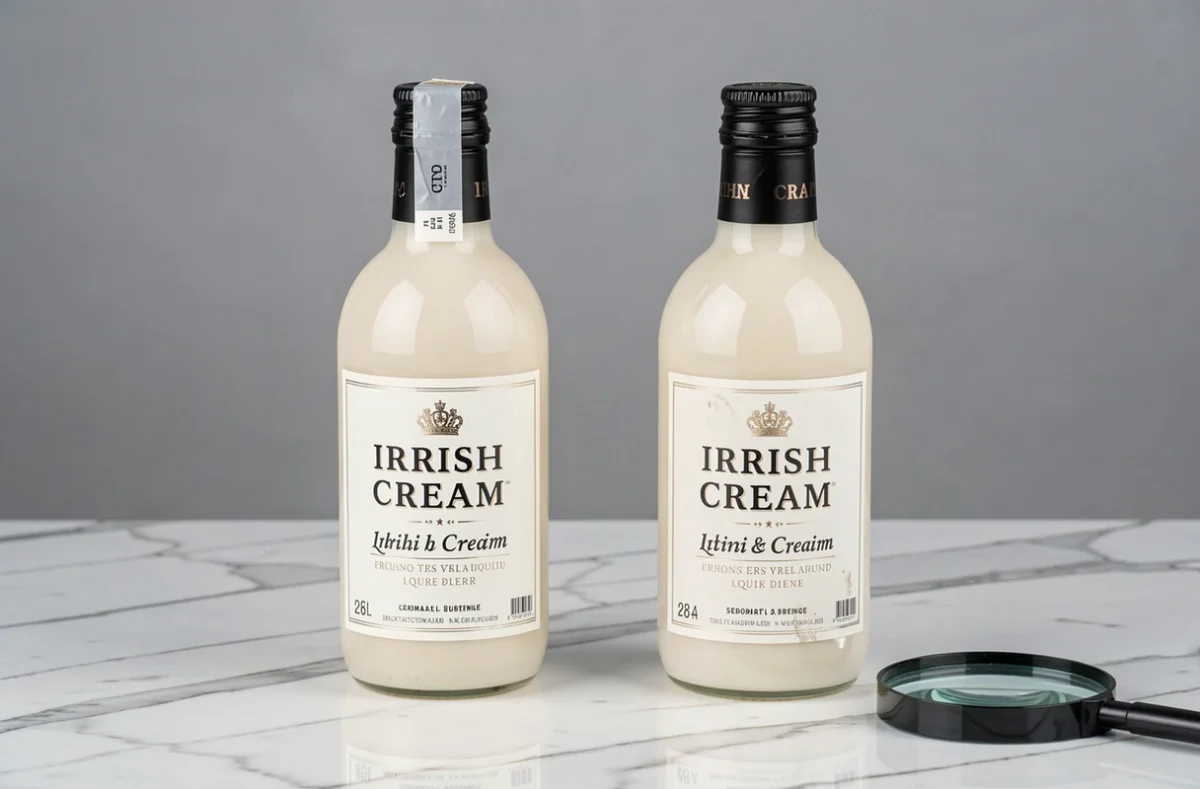 Comparaison entre une bouteille de liqueur irlandaise authentique et une contrefaçon, montrant les différences subtiles d'étiquette et de sceau