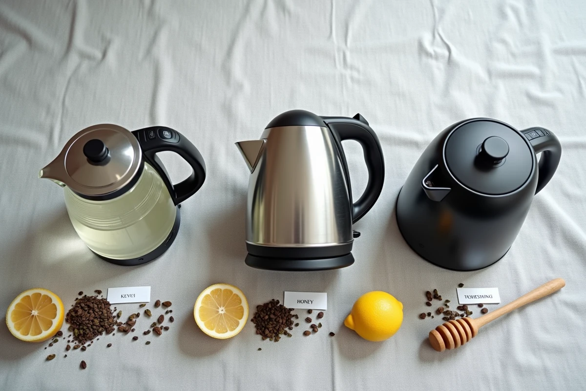 Comparatif de trois bouilloires électriques en verre, inox et plastique posées sur un tissu gris avec accessoires de thé