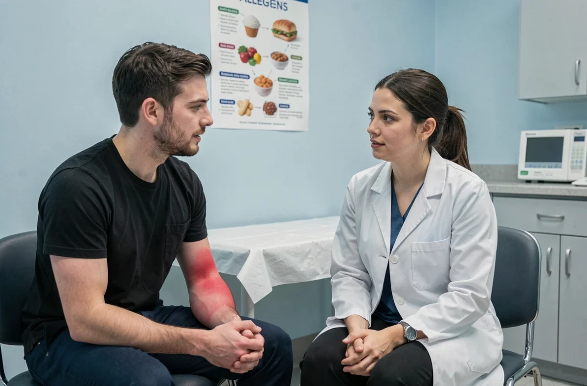Consultation médicale d'un jeune homme présentant une réaction allergique cutanée à un médecin, en lien avec une allergie aux insectes comestibles