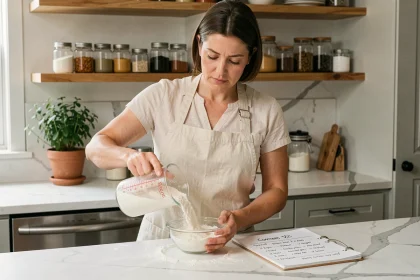 Femme en tablier versant de la farine dans un bol avec une tasse doseuse en cuisine, astuce conversion cl en gramme