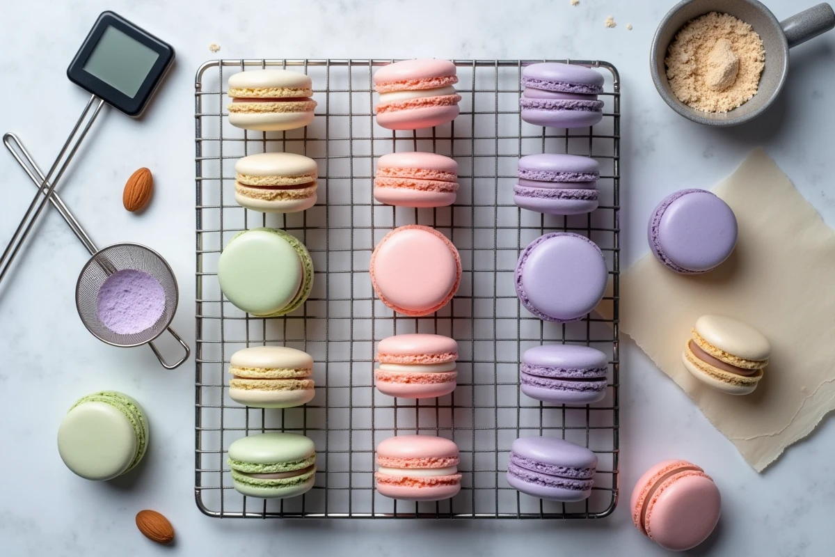 Vue de dessus de coques de macarons en couleurs pastel disposées sur une grille de refroidissement avec des ingrédients de pâtisserie autour