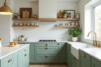 Cuisine moderne aux armoires vert sauge avec plan de travail en quartz blanc et étagères en bois naturel
