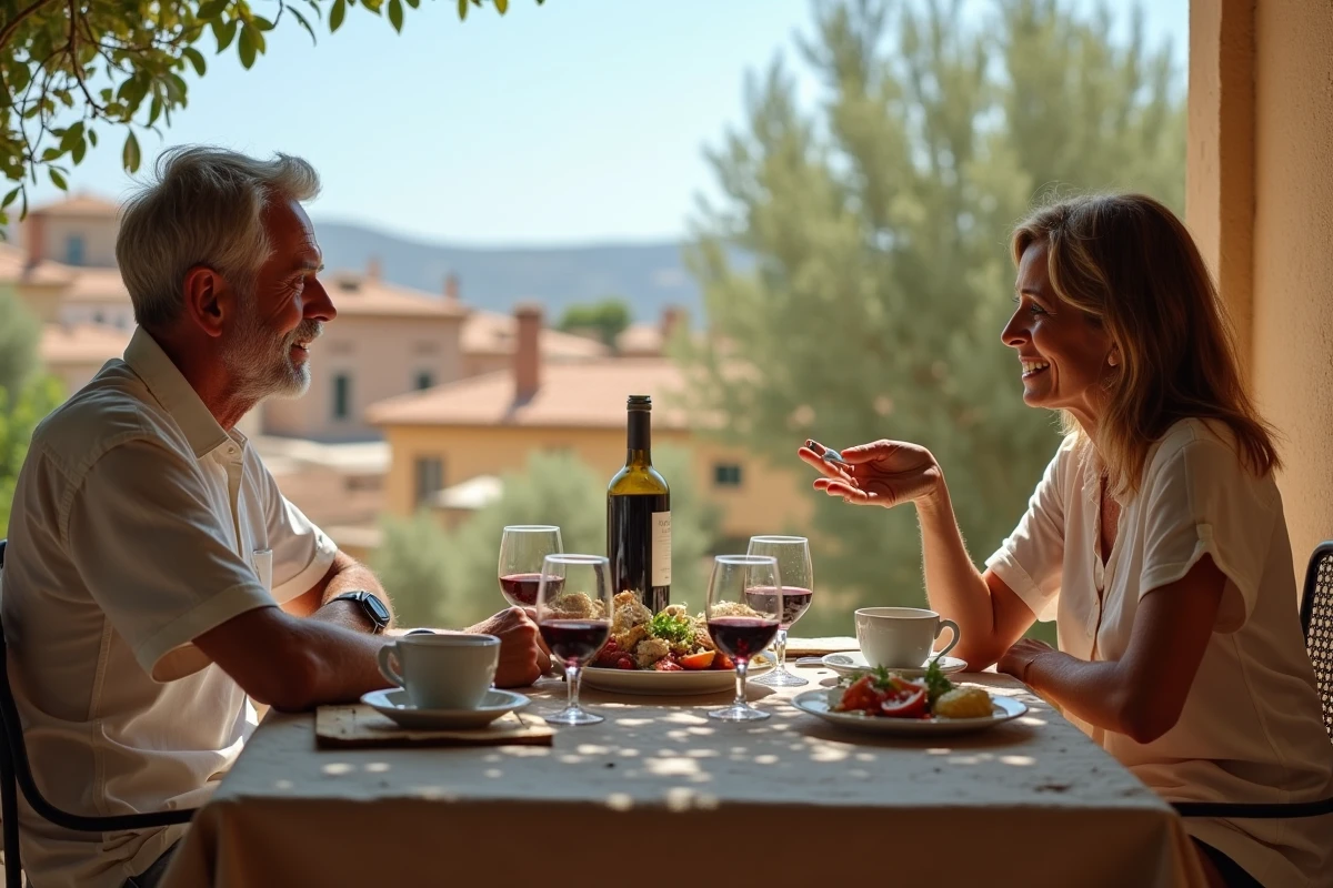 Couple espagnol prolongeant un déjeuner du dimanche sur une terrasse méditerranéenne avec tapas et vin rouge