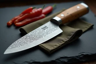 Couteau de chef en acier damas avec manche en bois précieux, posé sur une ardoise noire polie
