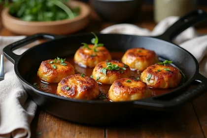 Crépinettes de porc en sauce maison servies dans une poêle en fonte rustique sur une table en chêne