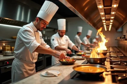 Cuisine professionnelle animée d'un grand restaurant français avec plusieurs chefs en toque blanche travaillant en brigade